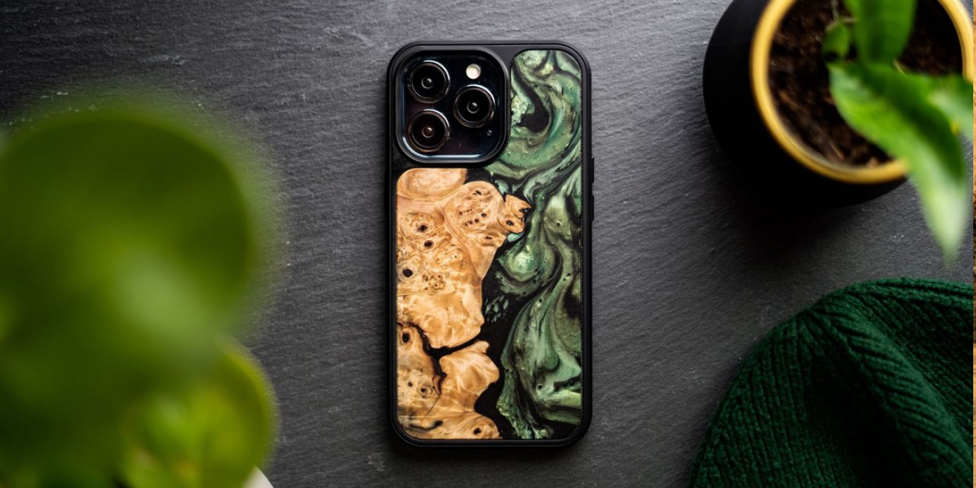 Green wood and resin phone cases