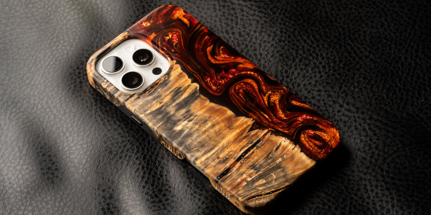 Red wood and resin phone cases
