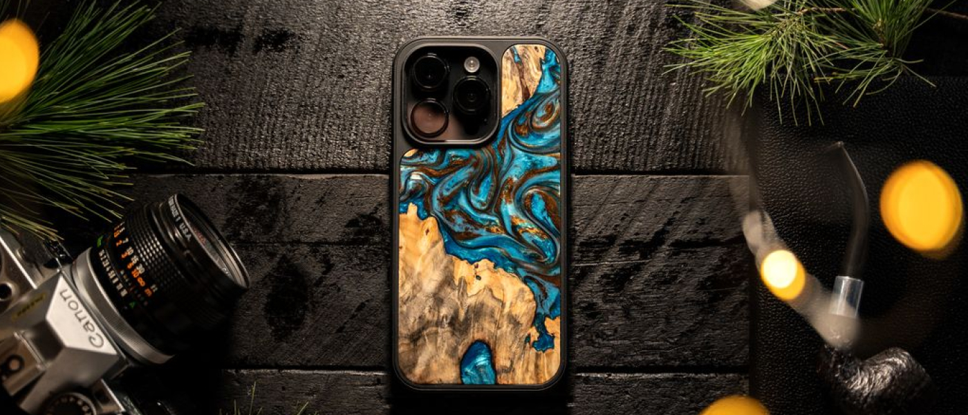 Teal & Gold wood and resin phone cases