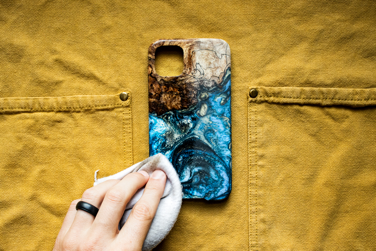 iPhone 13 mini Wood Live Edge Phone Case - Yara (Teal & Gold iPhone 13 mini Wood Live Edge Phone Case - Yara (Teal & Gold